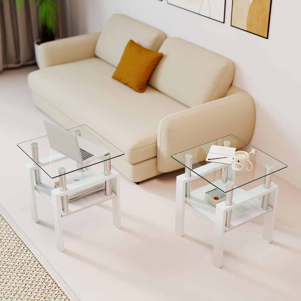 2-piece Set Modern Tempered Glass Side Table, Small Glass Top End Table, Squa...