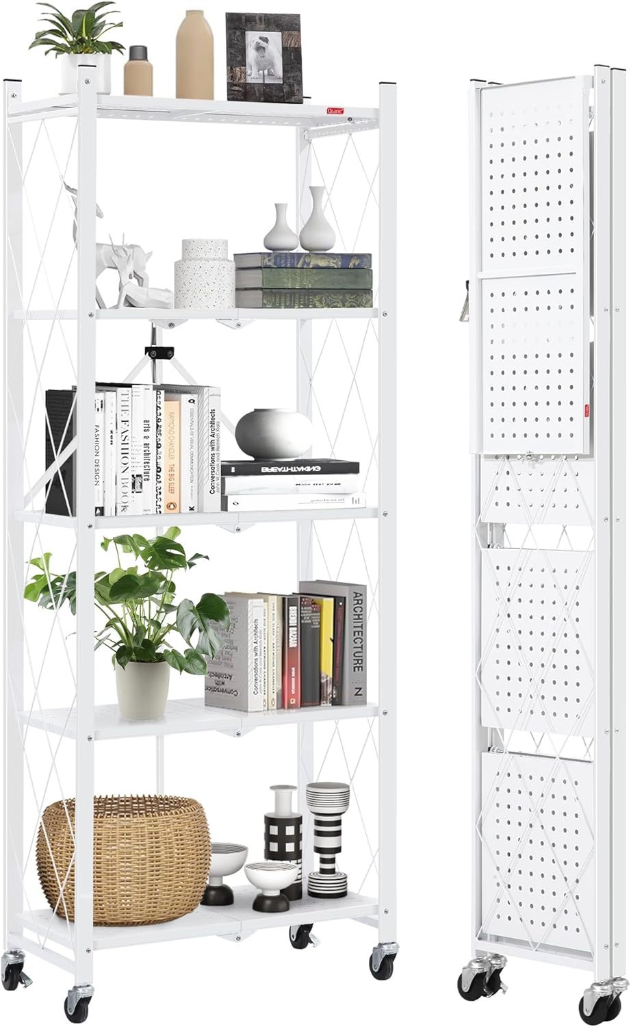 DEANIC 5-Shelf Folding Bookcase with Wheels, Rolling Bookshelf Heavy Duty Sto...