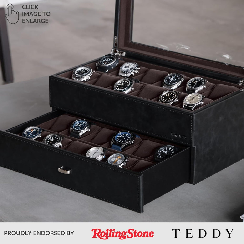 TAWBURY Watch Box for Men - Extra Large 24 Slot Watch Case with Real Glass Display, Removable Drawer and 2-inch Wide Pillows for Large Watches (Black/Charcoal)