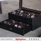 TAWBURY Watch Box for Men - Extra Large 24 Slot Watch Case with Real Glass Display, Removable Drawer and 2-inch Wide Pillows for Large Watches (Black/Charcoal)