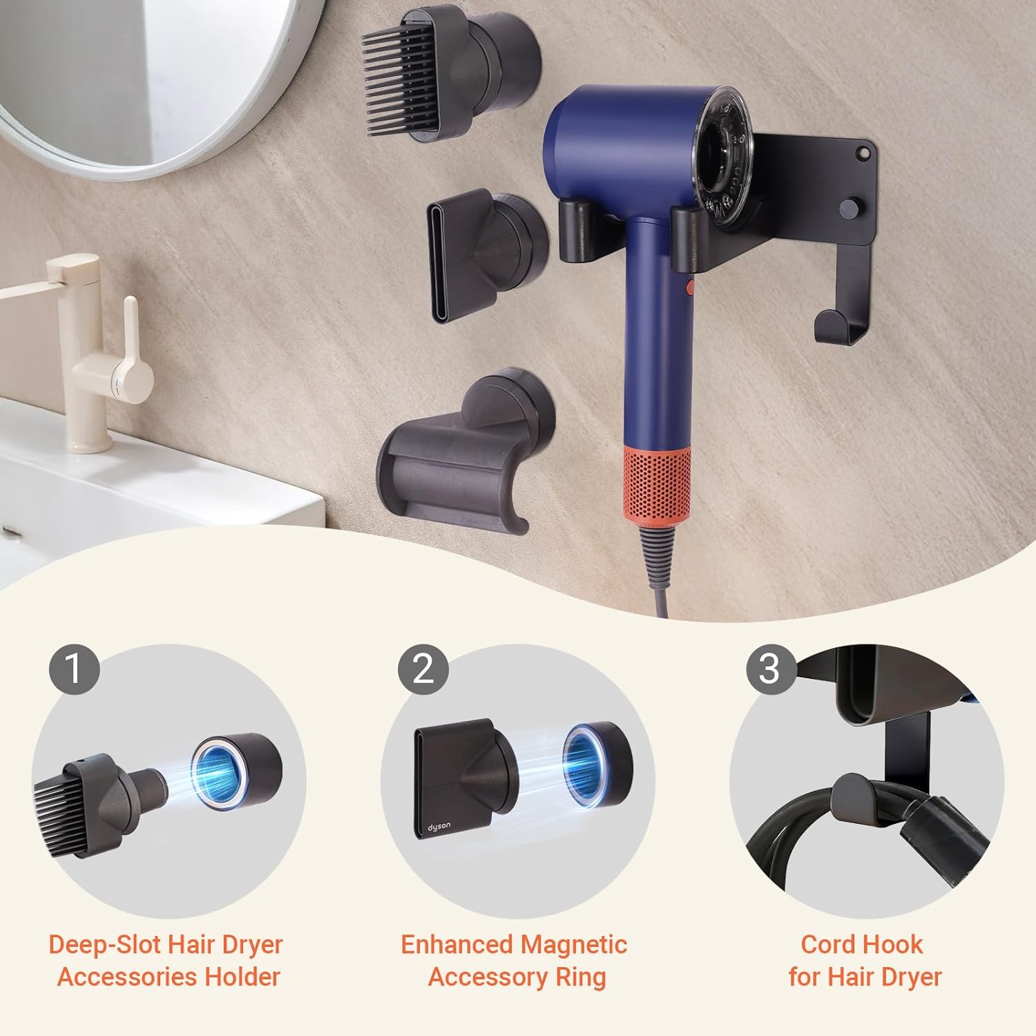 Hair Dryer Holder, Hair Dryer Holder Wall Mounted Self Adhesive Hairdryer Holder forDyson Aluminum Blow Dryer Holder Wall Mounted Black Hairdryer Hanger for Bathroom Black CHOCHOYAH