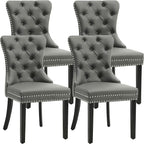 KCC Faux Leather Dining Chairs Set of 4, Upholstered High-end Tufted Dining Room Chair with Nailhead Back Ring Pull Trim Solid Wood Legs, Contemporary Nikki Collection Modern Style for Kitchen, Gray