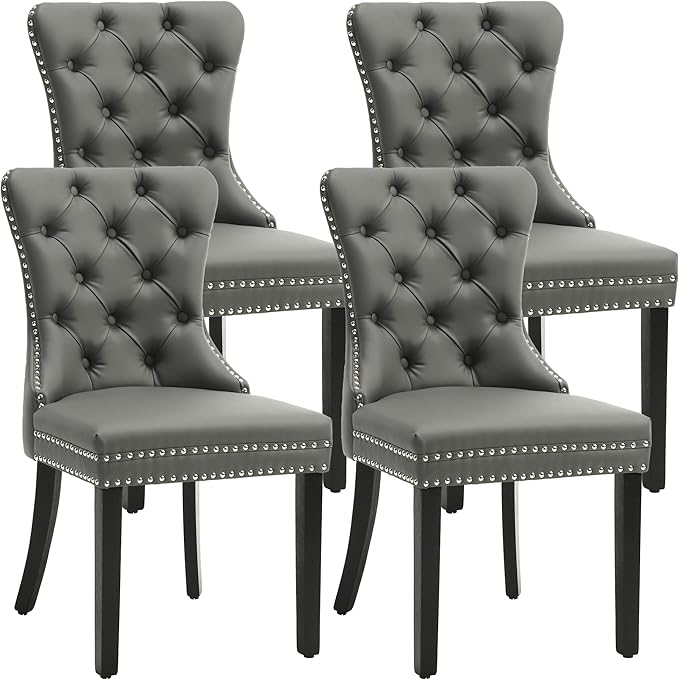 KCC Faux Leather Dining Chairs Set of 4, Upholstered High-end Tufted Dining Room Chair with Nailhead Back Ring Pull Trim Solid Wood Legs, Contemporary Nikki Collection Modern Style for Kitchen, Gray