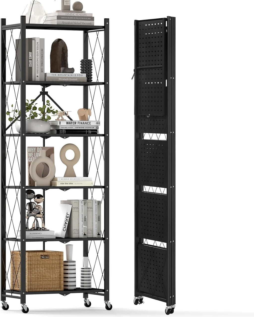DEANIC 6-Shelf Folding Bookcase with Wheels, Heavy Duty Storage Shelves, Freestanding Metal Wire Shelving Unit for Living Room, Office, Kitchen, Basement, Pantry (Black)