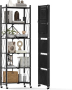 DEANIC 6-Shelf Folding Bookcase with Wheels, Heavy Duty Storage Shelves, Freestanding Metal Wire Shelving Unit for Living Room, Office, Kitchen, Basement, Pantry (Black)