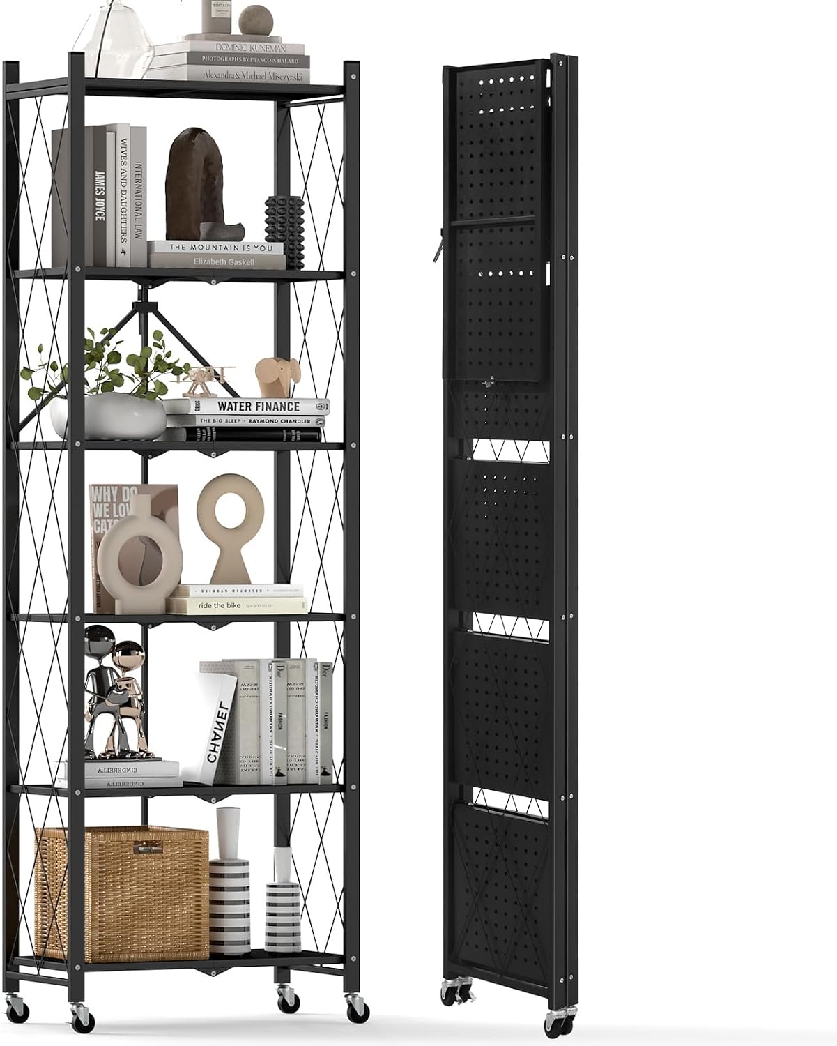 DEANIC 6-Shelf Folding Bookcase with Wheels, Heavy Duty Storage Shelves, Freestanding Metal Wire Shelving Unit for Living Room, Office, Kitchen, Basement, Pantry (Black)