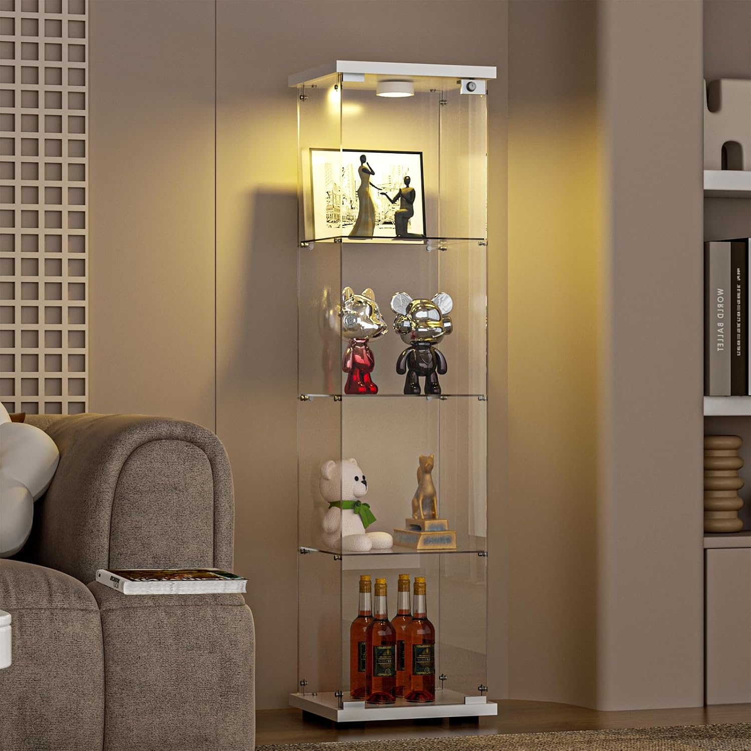 FANYUSHOW Glass Display Cabinet with LED Light & Lock, 1-Door 4-Shelf White | Tempered glass shelves, 64.7"H x 16.7"W x 14.4"D, 13-color remote lighting, 30/60-min timer, curio display case