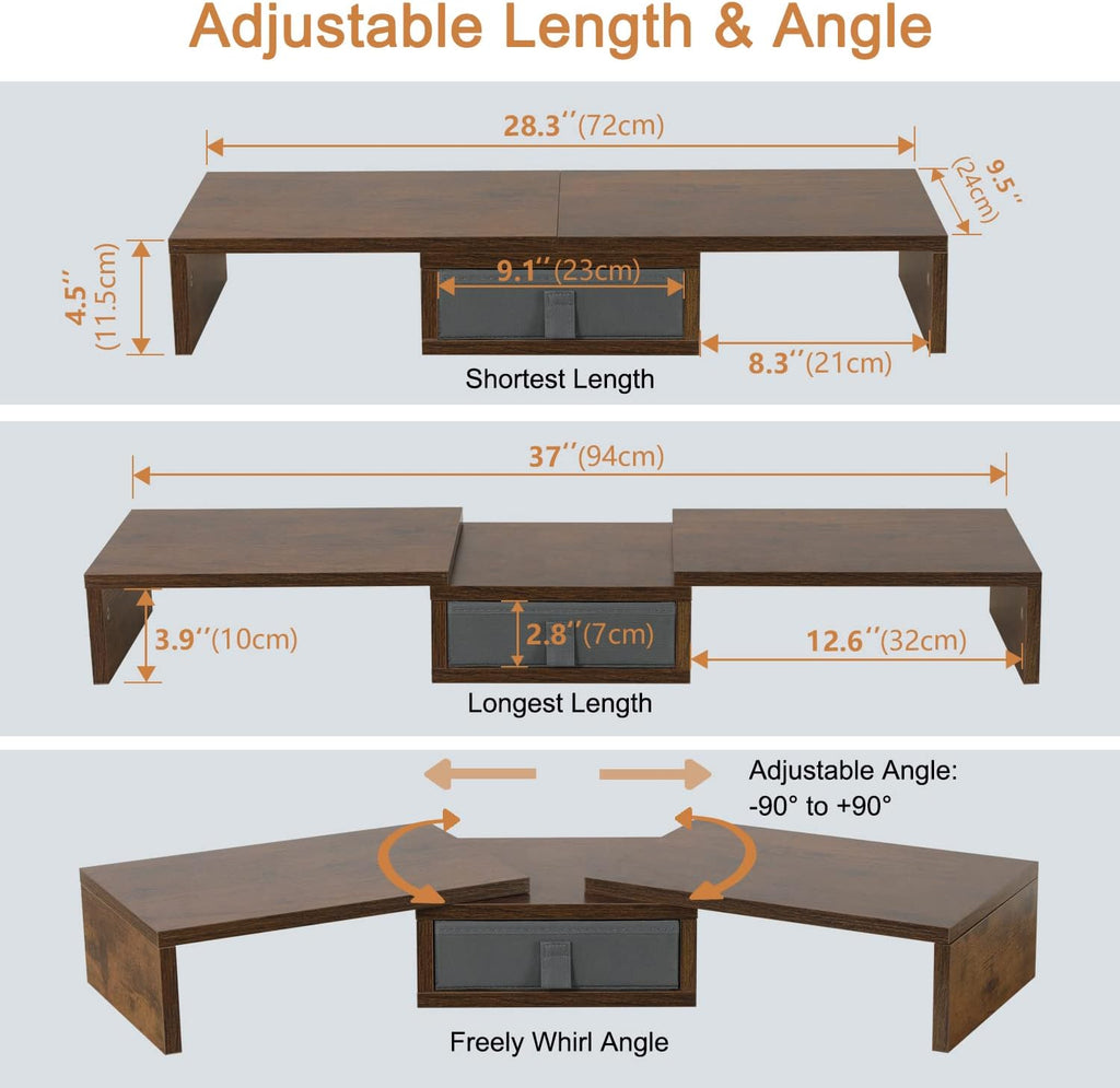 TEAMIX 3 Shelf Monitor Stand Riser With Drawer - Length and Angle Adjustable Dual Riser With Storage Corner Desk Shelf Organizer Large Computer Stand for 2 Monitors/Laptop (Brown, 1 Drawer)