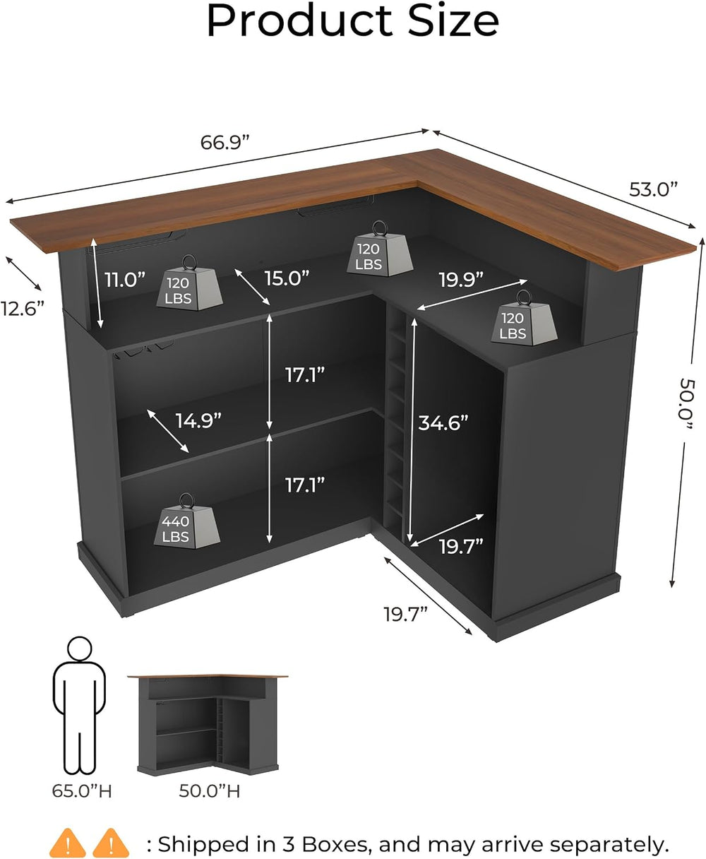 67" L Shaped Bar Cabinet with Fridge Space, Basement Bar