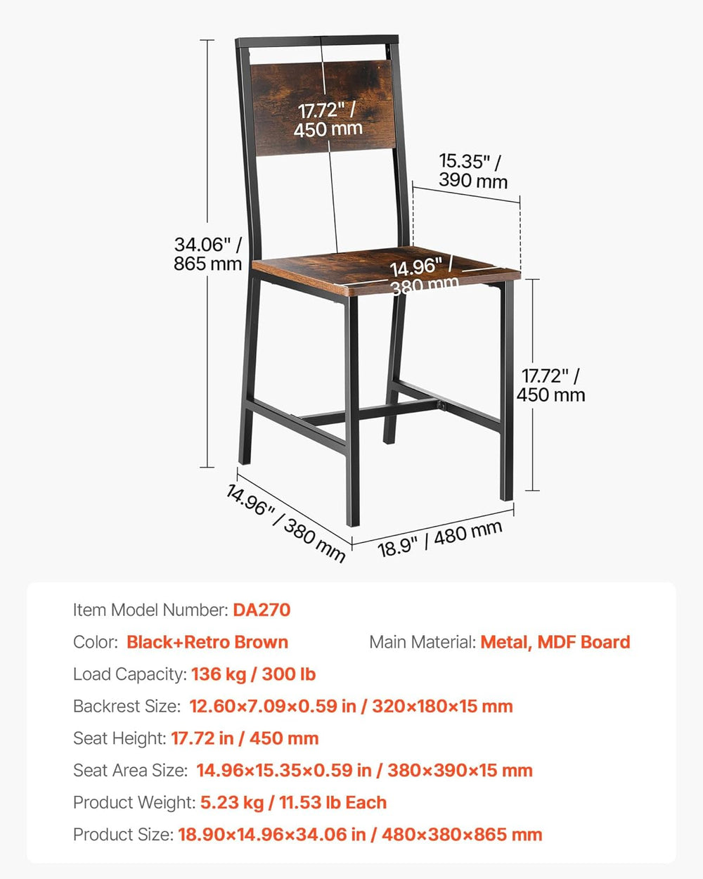 VEVOR Dining Chairs Set of 2, Wooden Chairs with Metal Frame and Backrest, Ea...