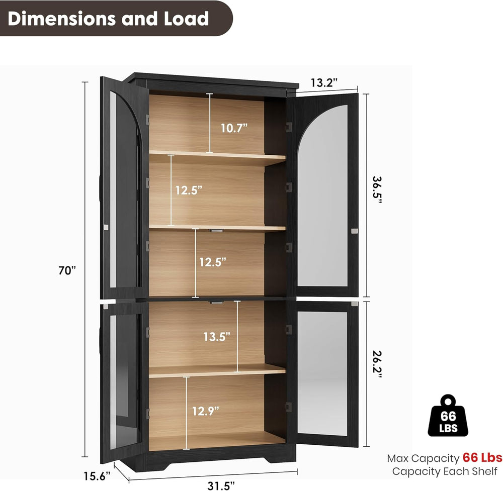 Garvee 70" Tall Kitchen Pantry Cabinet - Modern Display Cabinet with 4 A...