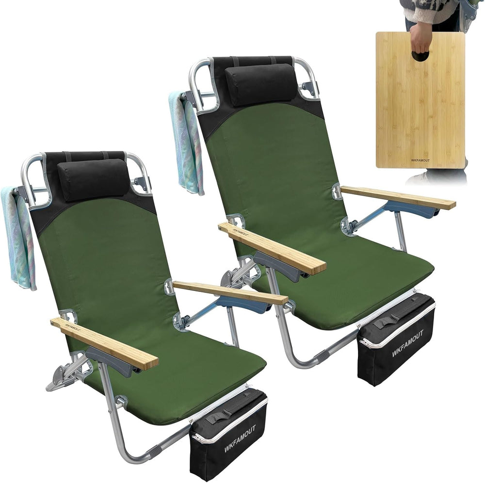 2 Pack Low Backpack Beach Chair with Folding Bamboo Table for Adults, 5-Posit...