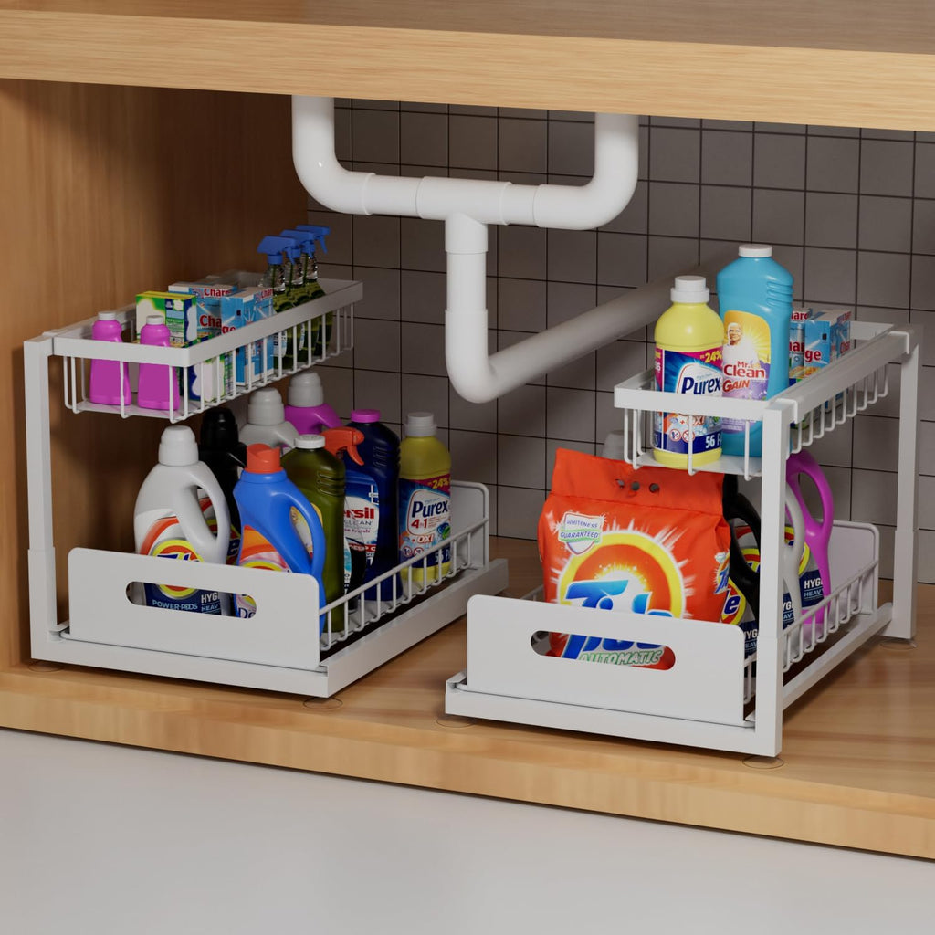 2-Tier Under Sink Slide Out Organizer, 2 Pack Pull Out Cabinet Storage Shelf with Sliding Wire Basket Drawer for Bathroom Kitchen, Countertop or Pantry Shelf, White