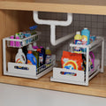 2-Tier Under Sink Slide Out Organizer, 2 Pack Pull Out Cabinet Storage Shelf with Sliding Wire Basket Drawer for Bathroom Kitchen, Countertop or Pantry Shelf, White