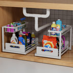 2-Tier Under Sink Slide Out Organizer, 2 Pack Pull Out Cabinet Storage Shelf with Sliding Wire Basket Drawer for Bathroom Kitchen, Countertop or Pantry Shelf, White