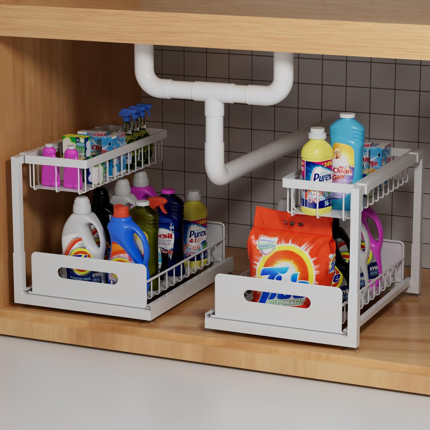 2-Tier Under Sink Slide Out Organizer, 2 Pack Pull Out Cabinet Storage Shelf with Sliding Wire Basket Drawer for Bathroom Kitchen, Countertop or Pantry Shelf, White