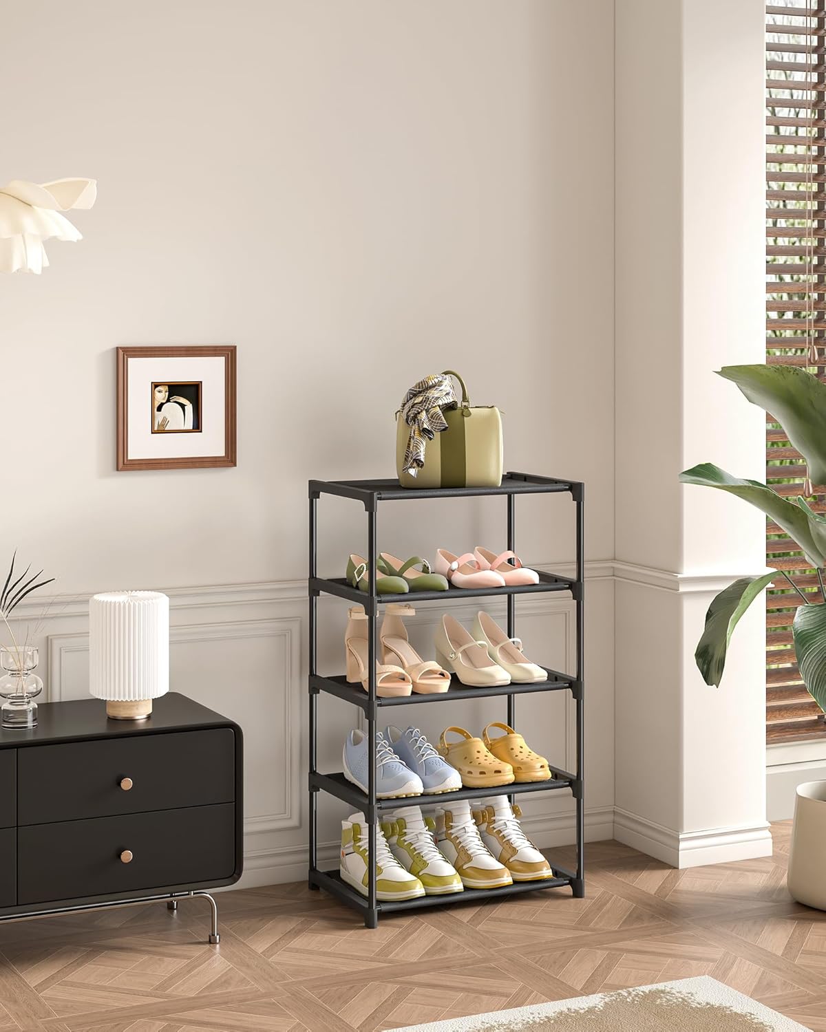 5-Tier Small Shoe Rack, Narrow Space-Saving Organizer for Small Spaces, Non-Woven Fabric Lightweight Shoe Shelves, for Closet Floor, Front Door, Entryway, Kids/Toddler/Adults, Black