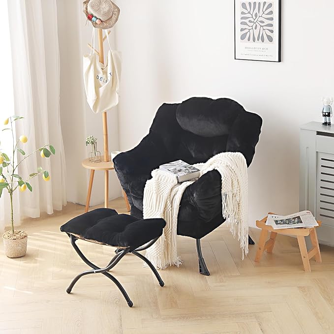 Welnow Lazy Chair with Ottoman, Modern Lounge Accent Chair with Armrests and a Side Pocket, Leisure Sofa Armchair, Reading Armchair with Footrest for Small Space, Plush Black