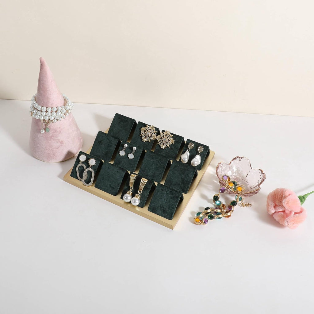 GemeShou Golden coated earring display stand for selling, velvet stud earring holder for jewelry display, Jewlery earring storage organizer tray, studs holder jewelry organizer【Earring holder-Green】