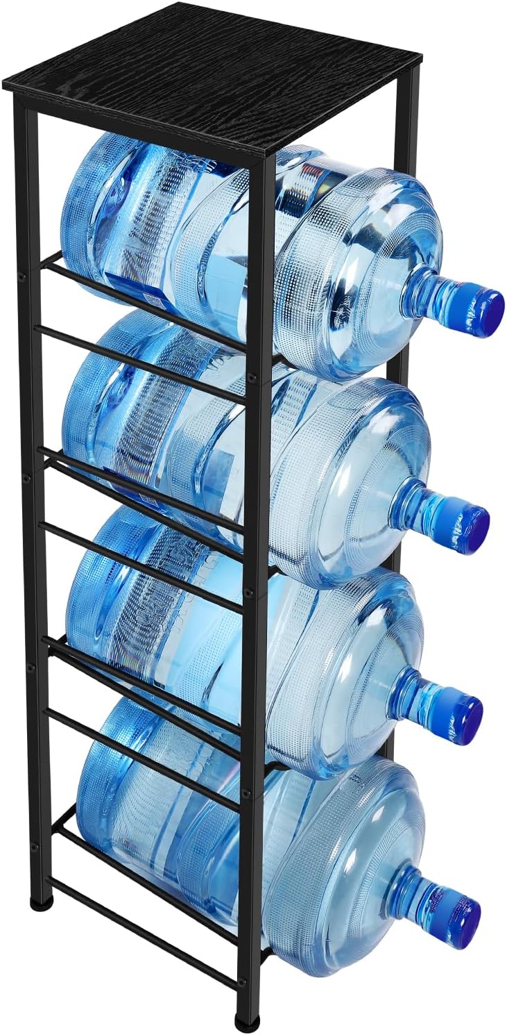 smusei 5 Gallon Water Jug Holder Heavy Duty 4 Tier Water Bottle Holder with Storage Shelves Detachable Water Jug Rack for 5 Gallon, Water jug Stand Organizer for Office Living Room, Black