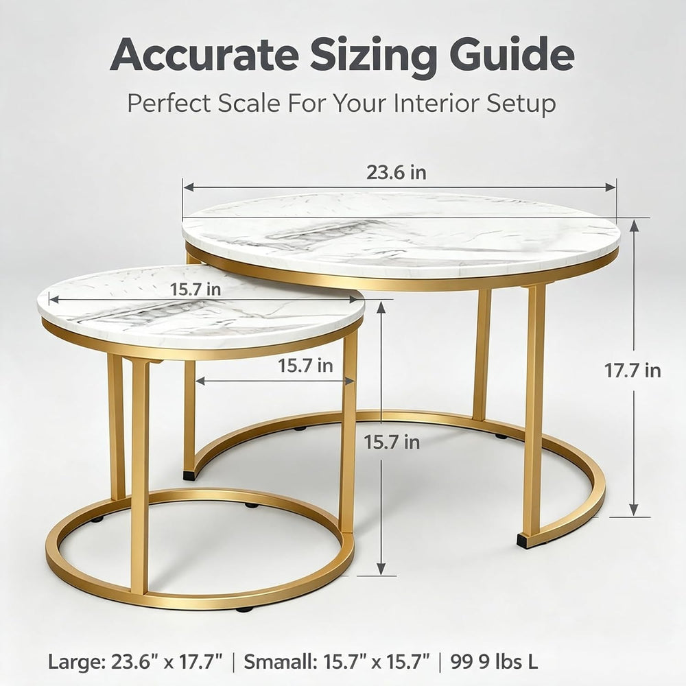 Round Nesting Coffee Table Set of 2, Marble Top Metal Frame | Space-Saving De...