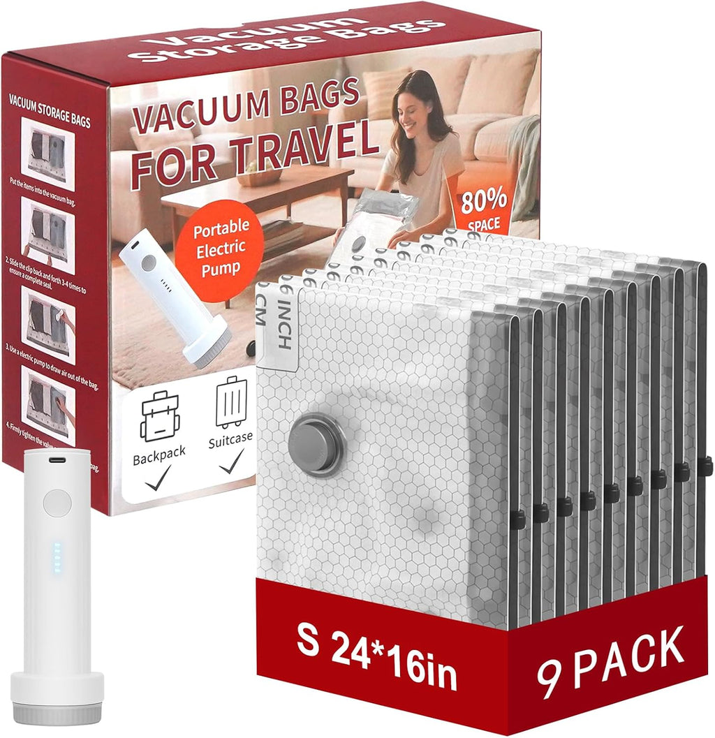 Rechargeable Wireless Pump Travel Storage Bags Set, 9 Pack (9S) Portable Space Saver Bags for Travel & Home, Vacuum Compression Packing Seal for Clothes, Blankets, Home Seasonal Storage