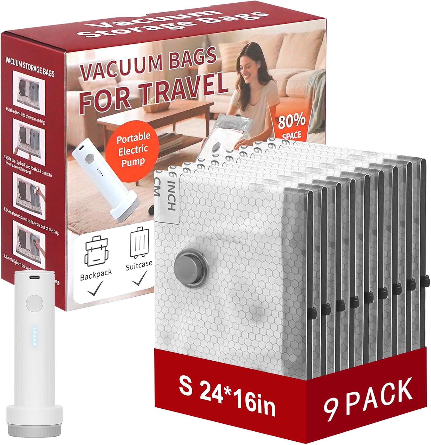 Rechargeable Wireless Pump Travel Storage Bags Set, 9 Pack (9S) Portable Space Saver Bags for Travel & Home, Vacuum Compression Packing Seal for Clothes, Blankets, Home Seasonal Storage