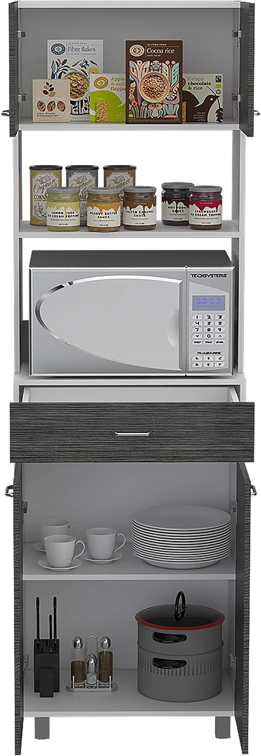 FM FURNITURE Auburn Microwave Pantry with 2 Cabinets, 2 Open Shelves, and Dra...
