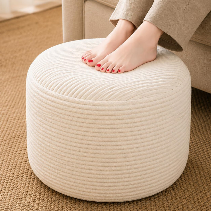 Round Pouf Ottoman Foot Rest 20 X 15 - Floor Pouf for Living Room Seating, Soft Corduroy Ottoman, Lightweight Foot Stool for Couch
