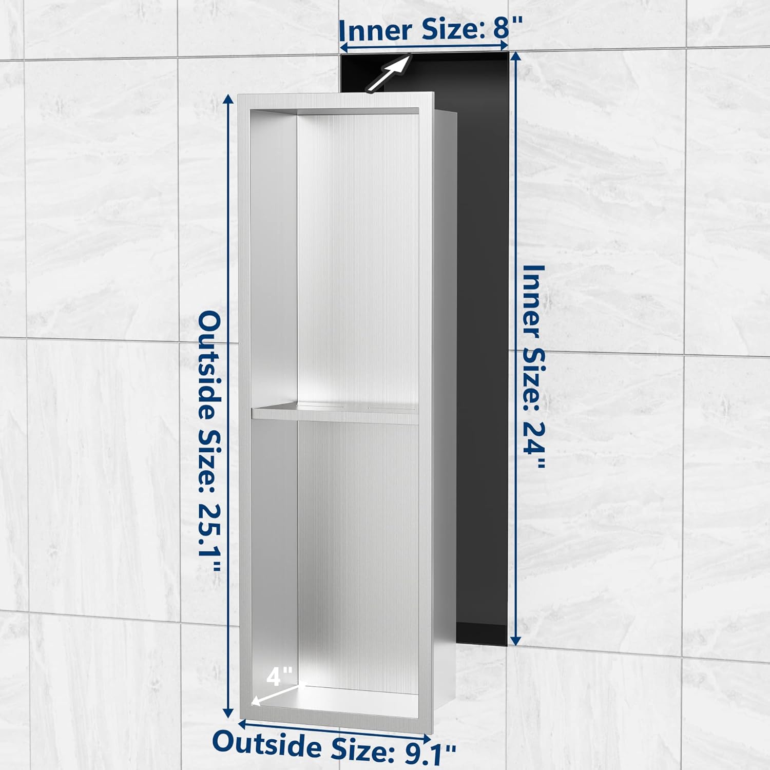 Stainless Steel Shower Niche 24" X 8", No Tile Needed Wall Niche Double Shelves, Recessed Shower Shelf for Bathroom Storage, Brushed Nickel