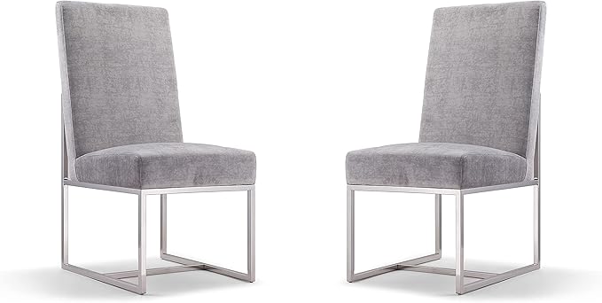 Manhattan Comfort Element Modern Velvet Dining Chairs, High Density Foam, Chrome Finish Stainless Steel Frame, High-Back, Fully Assembled Industrial Chic Accent Furniture, Set of 2, Grey