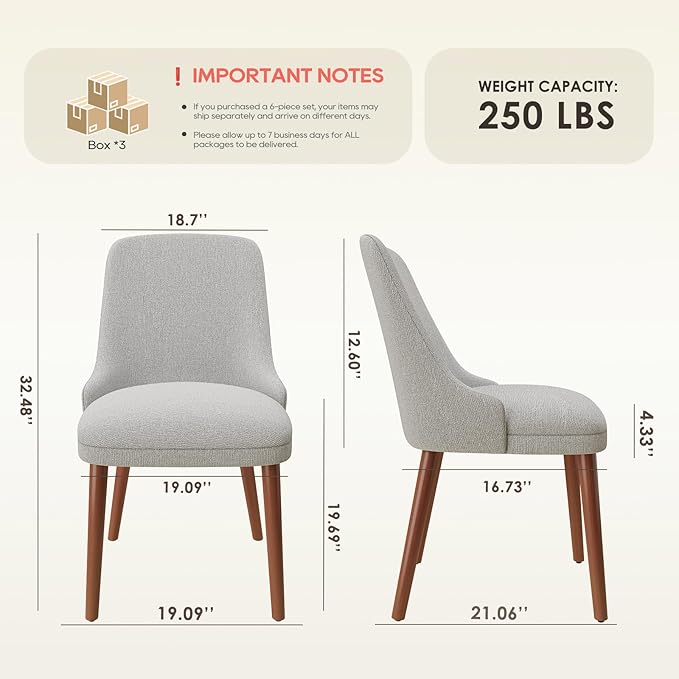 Dining Chairs Set of 6, Upholstered Dining Room Chair with Wood Legs, High-Back Padded Kitchen Chairs for Dining Room/Restaurant/Cafe, Light Grey