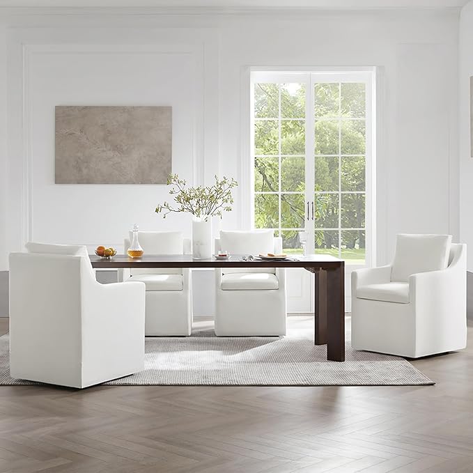 Upholstered Dining Chairs Set of 1, Washable Cover Modren Deskchair with 4 Casters & Hidden Storage for Dining Room, Living Room, Home Office, Cream, 1 Box