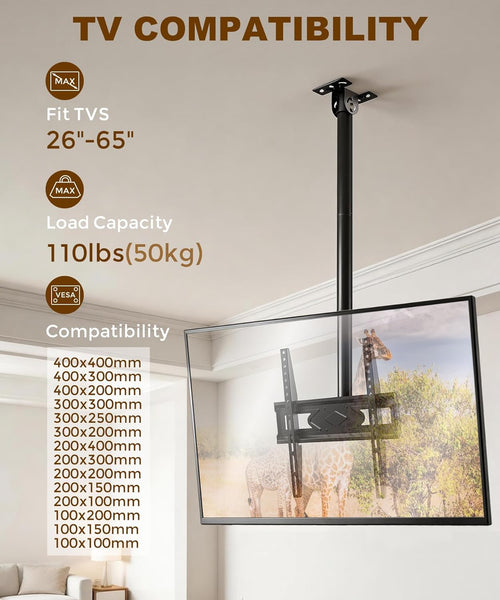 39” Ceiling TV Mount for 26-65 Inch LCD LED OLED 4K TVs, Heavy Duty Hanging TV Ceiling Mount Bracket with Height Adjustable Extension Pole for Home Patio Gazebo, Max VESA 400x400mm, Holds 110lbs