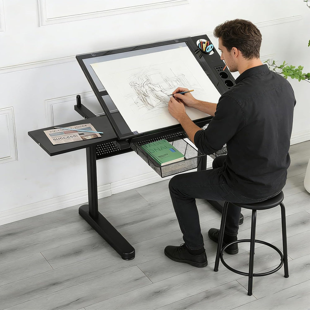 Adjustable Drafting Table with Hand-Crank Lift, 0-75° Tilting Tempered Glass ...
