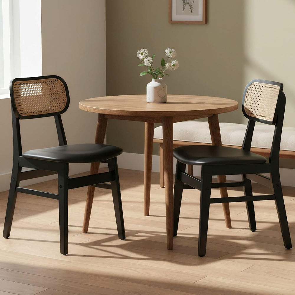 ROCITY Black Dining Chairs Set of 2 Faux Leather Dining Room Chairs with Ratt...