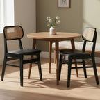 Black Dining Chairs Set of 2 Faux Leather Dining Room Chairs with Rattan Back Farmhouse Kitchen Chairs Wooden Side Chairs