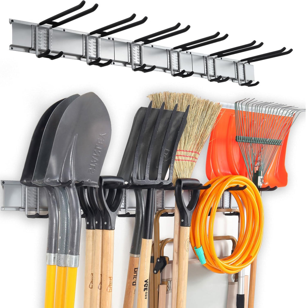 Wall Mount Tool Storage Rack, Garage Organization, Heavy Duty Garage Storage Tool Organizer, Garden Tool Wall Hooks and Hangers, Hold Up to 350lbs Grey