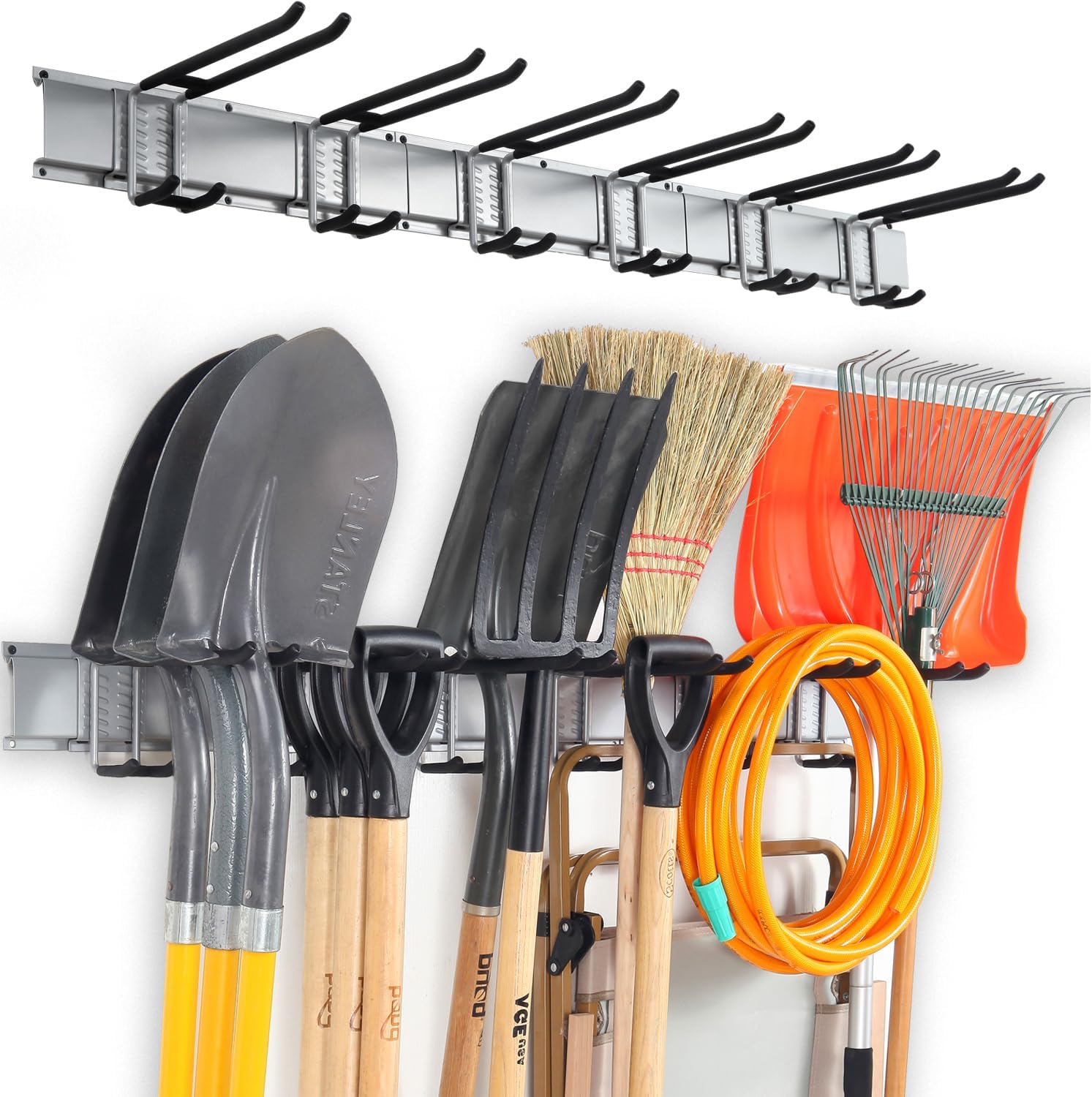 Wall Mount Tool Storage Rack, Garage Organization, Heavy Duty Garage Storage Tool Organizer, Garden Tool Wall Hooks and Hangers, Hold Up to 350lbs Grey
