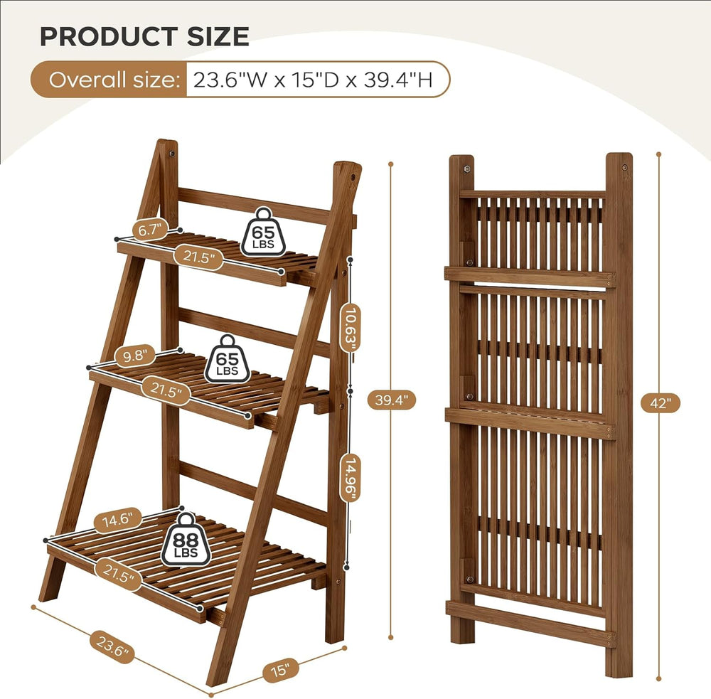 Bamboo Ladder Shelf 3-Tier Foldable Plant Stand, 23.6"W x 15"D x 39...