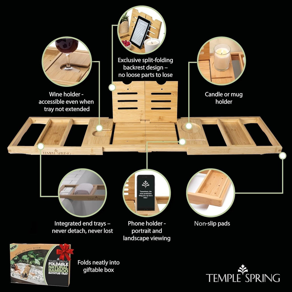 Temple Spring Foldable Bathtub Tray, Unique Design Selfcare Bathroom Caddy, Bamboo Spa Bathroom Tray, Wooden Bathtub Accessories, Wedding Gift/Birthday Gift/New Home Bath Table