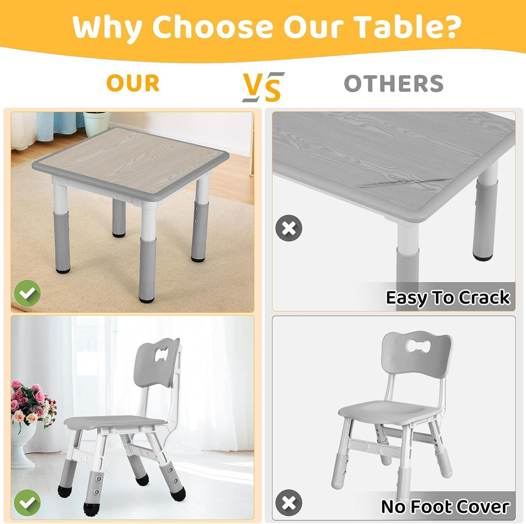 Arlopu Kids Table and 4 Chairs Set, Anti-Slip Toddler Activity Desk | Height Adjustable ((18.9"–23.6"), Wipe-Clean Desktop, Montessori Learning, Drawing, Classroom, Home & Daycare (Grey)