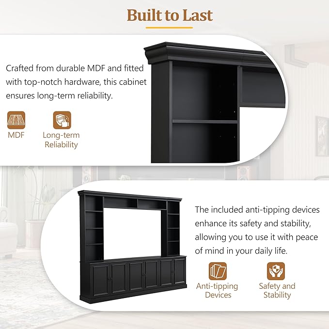 SOFTSEA 4-Piece Entertainment Center Wall Unit for TVs up to 70", Large TV Stand Wall Unit with Bookshelves, 6 Doors & Adjustable Shelves, Media Console with Bridge for Living Room, Black
