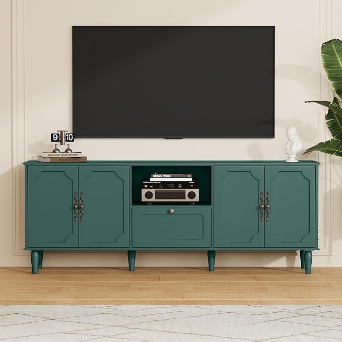 Mid-Century Modern TV Stand for 75+ inch TVs, 67" Entertainment Center with Storage Drawer, Long Media Console with Adjustable Shelves, Wood TV Cabinet for Living Room, Bedroom, Green