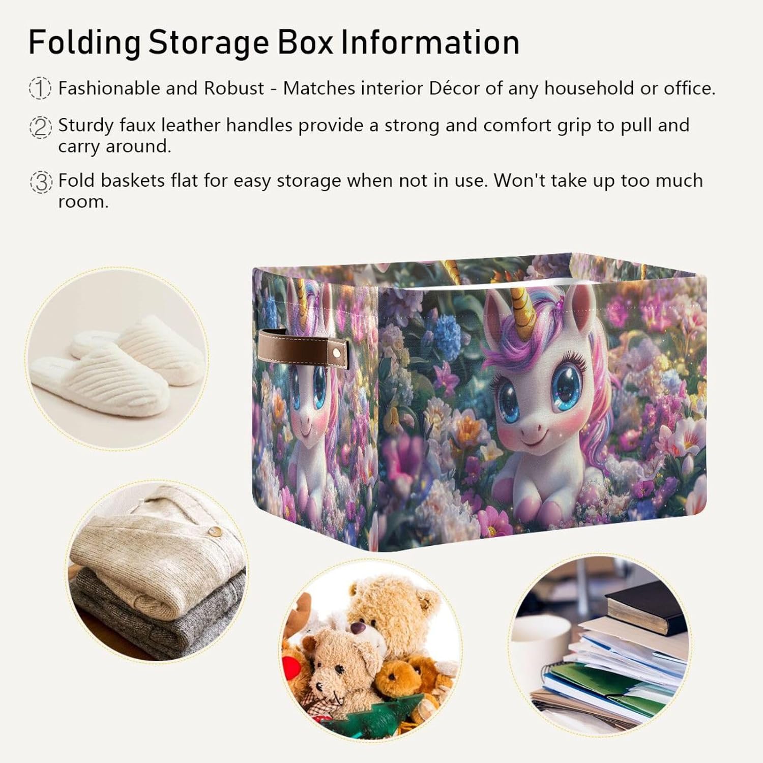 Emelivor Unicorn Flowers Garden Pink Storage Bin Collapsible with Handle Rectangle Waterproof Fall Basket for Storage Cube Closet Organizer for Nursery Office Shelf Book Bathroom