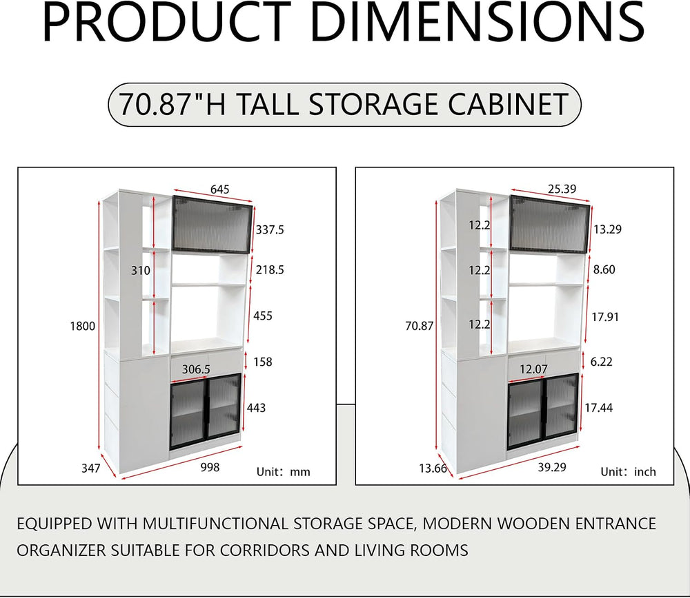 71 Inch Wood Pantry Cabinet with Glass Doors, 39 Inch Wide Freestanding Kitch...