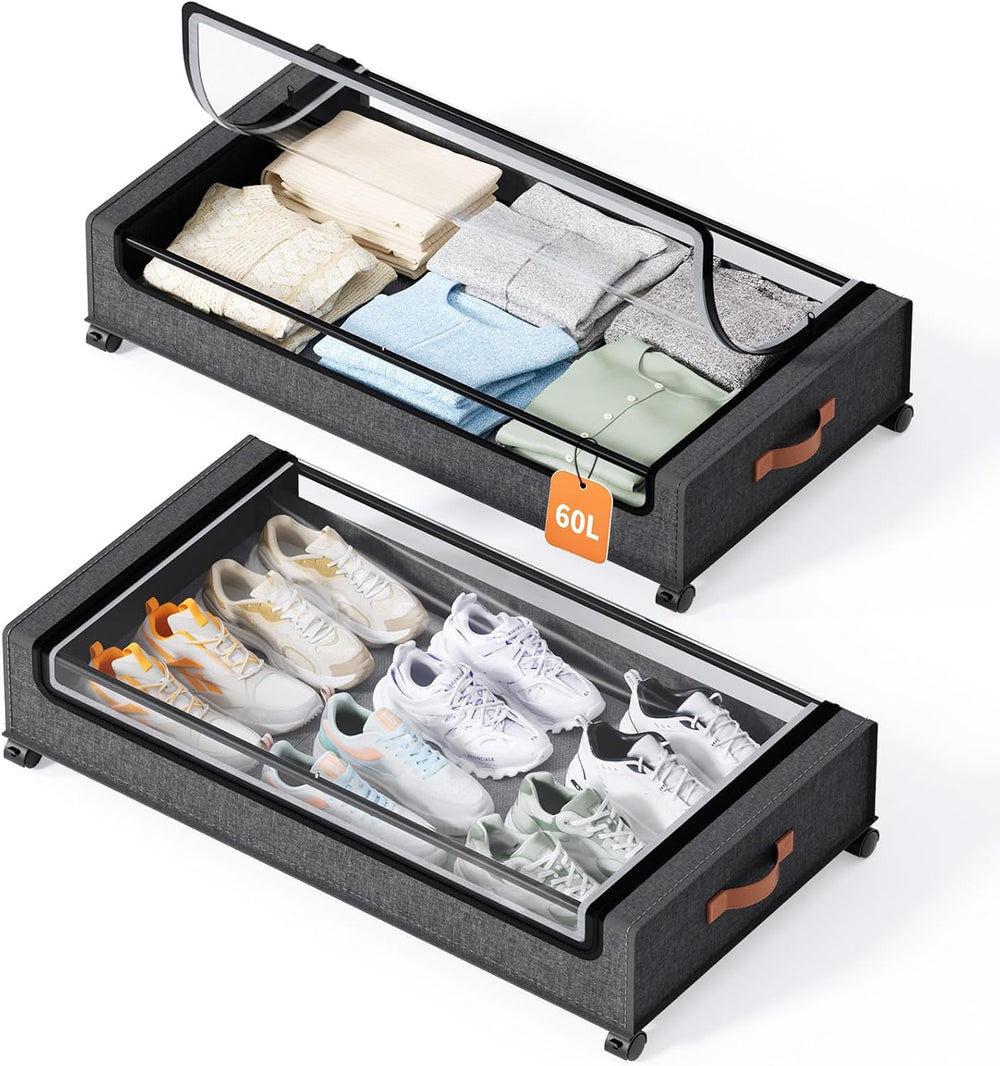 Yecaye 60 L Under Bed Storage with Wheels, 2 Pack Under Bed Storage Container...