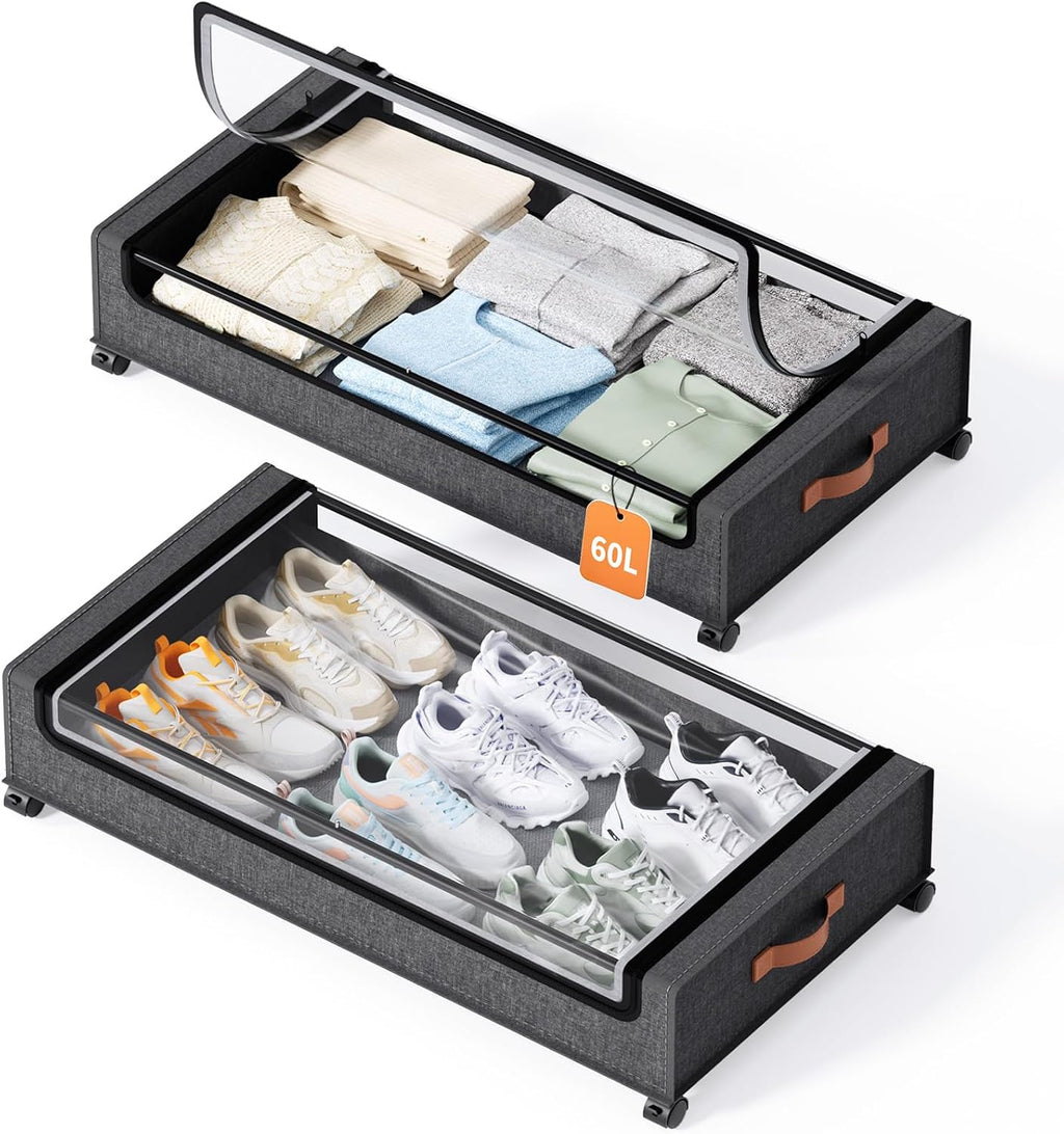 Yecaye 60 L Under Bed Storage with Wheels, 2 Pack Under Bed Storage Containers with Clear Window & Label, Rolling Under bed Shoe Storage organizer for Clothes, Shoes, Hemp Grey