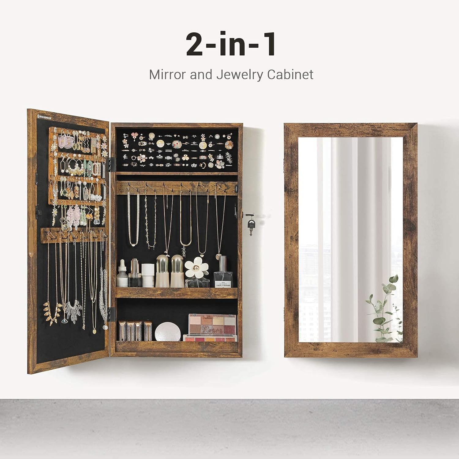 SONGMICS Lockable Jewelry Cabinet Armoire with Mirror, Wall-Mounted Space Saving Jewelry Storage Organizer, Christmas Gift, Rustic Brown UJJC051K01