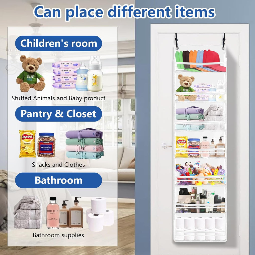 7-layer large capacity Hat Organizer, Hat Rack for Door With Dust Cover, Adjustable Hooks, And Transparent Visible Over The Door Hat Rack, Ideal for Home Organizatio